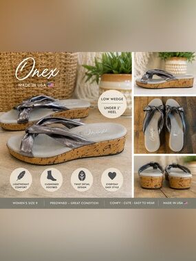 Onex Metallic Pewter Cork Wedge Comfort Sandals Size 9 ✨ $148 MSRP